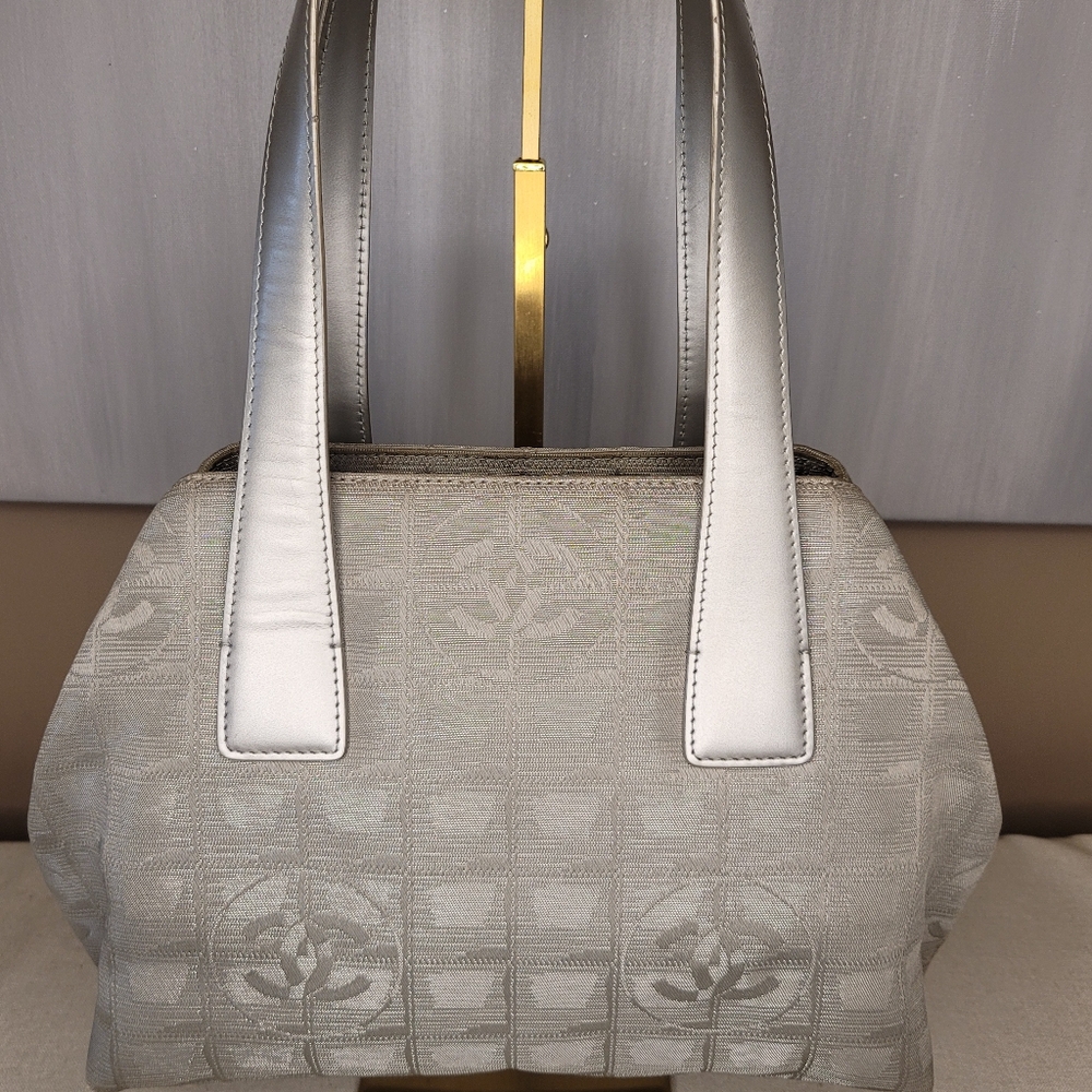 Chanel Quilted Metallic Gray Line Handbag With Certificate Of Authenticity